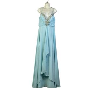 Fabu Luxe Couture Maxi of shoulder Satin turquoise Beads Party Prom Dress